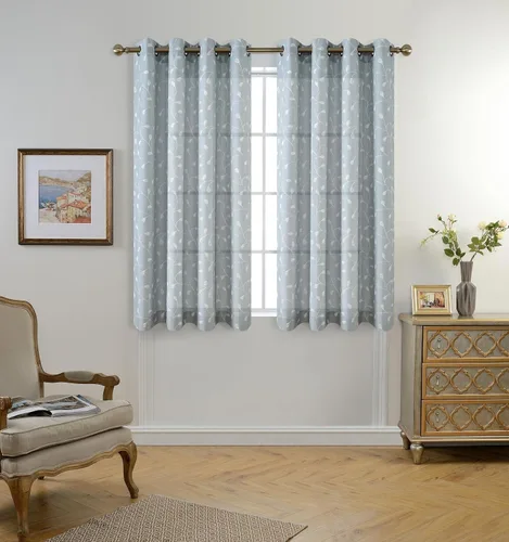Miniatura 2 de Miuco - Cortinas con ojales de lino sintético, semitransparentes, bordadas con flores, para sala de estar Espuma de mar