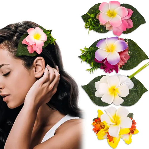 Miniatura 9 de Accesorios para el cabello de flores de plumeria hawaiana Ahoney para mujeres y niñas - 4 piezas de broches y horquillas de flores artificiales