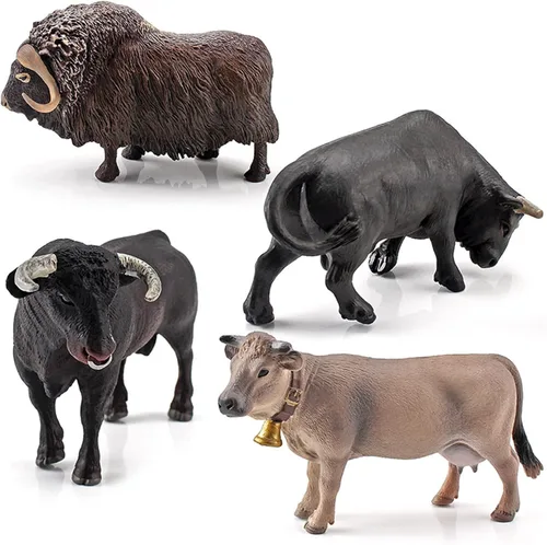 LC JoyCre Figuras de vacas de juguete de toros, 4 piezas, figuras realistas de vaca suiza, juguetes para niños pequeños, toro africano, almizcle,