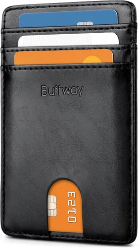 Buffway Billetera delgada para hombre, minimalista con bolsillo frontal delgado, tarjetero de cuero con bloqueo RFID para viajes de trabajo