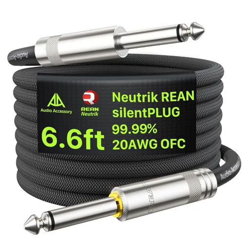 AA AUDIO ACCESSORY Cable de Guitarra Silenciosa 6.6 pies, Neutrik REAN silentPLUG, Nylon Trenzado Reforzado con Kevlar Anti-Enredos, Silenciamiento