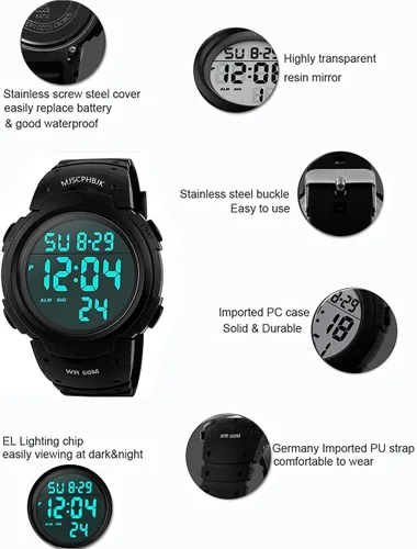 Miniatura 2 de Reloj deportivo militar, a prueba de agua, con luz LED en la pantalla, alarma, cronómetro, resistente al agua hasta 50 m de profundidad, para hombre.