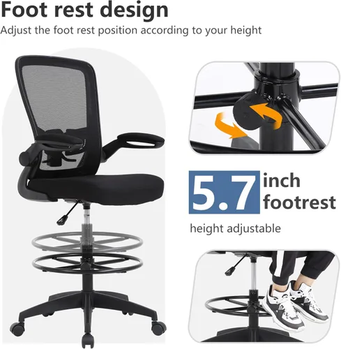 Miniatura 5 de PayLessHere Silla ergonómica de dibujo, silla de oficina alta ajustable con soporte lumbar, respaldo de malla, brazos abatibles para oficina, Negro