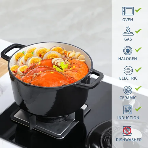 Miniatura 2 de Velaze Horno holandés de hierro fundido esmaltado de 6 cuartos de galón, olla holandesa de doble asa con tapa, horno holandés redondo antiadherente
