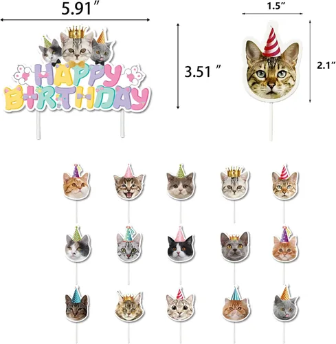 Miniatura 5 de TSJ 16 adornos para cupcakes de gato, decoración de pastel de cumpleaños para gatos, decoración de fiesta temática de gatitos, palitos para pastel