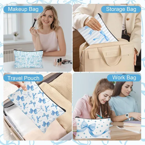 Miniatura 7 de 30 bolsas de maquillaje con lazo azul, bolsas de cosméticos con lazo coqueta para mujeres, bolsa de aseo de viaje, bolsa de aseo de coqueta