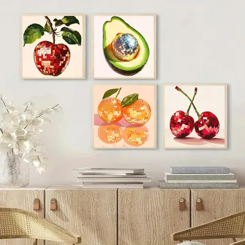 Miniatura 3 de Canrichshop Paquete de 4 Bola de Discoteca DIY Pintar por Números para Principiantes, Pintura al Óleo de Frutas Kits de Pintar por Números