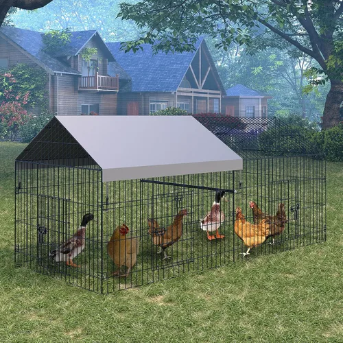Miniatura 5 de Gallinero de metal, corralito de pollo para patio con cubierta, jaula portátil de metal para exteriores con 4 puertas y 1 ventana para gallina