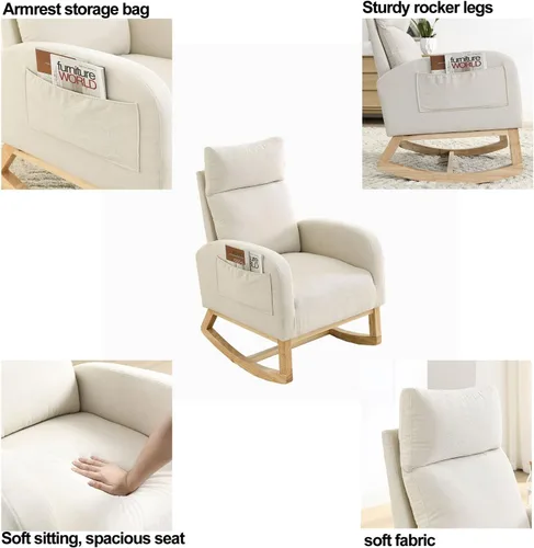 Miniatura 5 de Nursery Rocking Chair Teddy Modern Upholstered Glider Rocker Rocking Accent Chairs with Two Side Pocket ＆ High Backrest Comfy Reading Chair for Beige