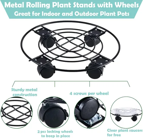 Miniatura 2 de Paquete de 3 cajas grandes de metal para plantas de 13 pulgadas con ruedas, soporte rodante de hierro forjado resistente con ruedas para macetas