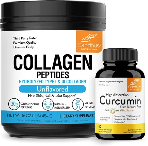 Sandhu's Polvo de péptidos de colágeno y curcumina con bioperina | Apoya el metabolismo saludable, la salud de la piel, la función inmune | Alivia