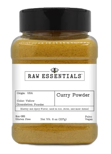 Raw Essentials Curry en polvo, sabor terroso y picante, ideal para platos indios y asiáticos, ideal para guisos, arroz, carne y verduras, sin OMG,