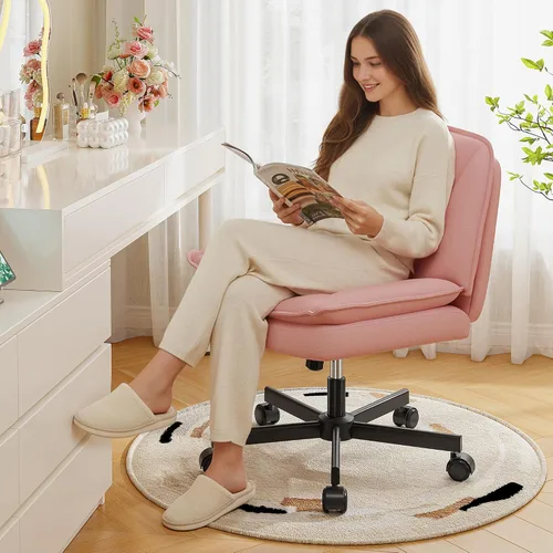 Miniatura 14 de DurayLoly Silla Criss Cross con Ruedas, Silla de Oficina con Patas Cruzadas con 2 Capas de Cuero Comfty & Back, Silla de Tocador Ancha sin Brazos