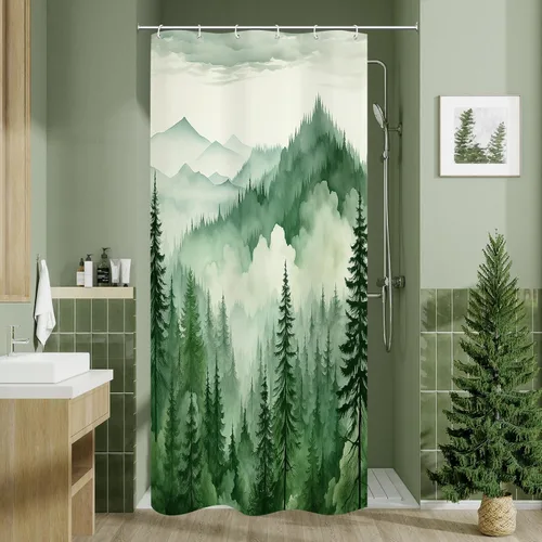 Miniatura 25 de Litabel - Cortina de ducha negra pequeña de 36 x 72 pulgadas, diseño de bosque de pino neblinoso, cortinas de ducha estrechas de medio