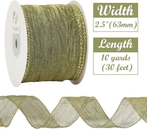 Miniatura 2 de HUIHUANG Cinta verde musgo con alambre de 2.5 pulgadas, seda arrugada verde con cinta de Navidad metálica dorada para suministros de corona, boda