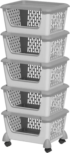 Morcte Paquete de 5 cestas de almacenamiento apilables de plástico con tapas, cesta organizadora apilable con ruedas, color gris | Stacking