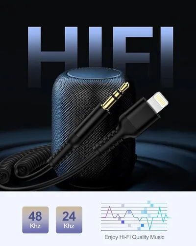 Miniatura 5 de Cable auxiliar para iPhone, cable de audio Lightning de 3.5mm con espiral, cable auxiliar macho certificado MFi de Apple para iPhone 14 Pro Max 13