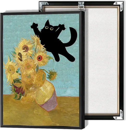 Miniatura 10 de Póster de Arte Gracioso de Gato Negro Vintage Van Gogh Girasol Gato Impreso en Lienzo Arte de Pared de Gato Lindo Estética de Animales
