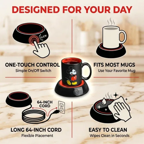 Miniatura 4 de Calentador de Tazas Mickey Mouse de Disney con Taza de 12 oz por Select Brands - Calentador de Tazas de Café con Taza de Cerámica Incluida - Plato