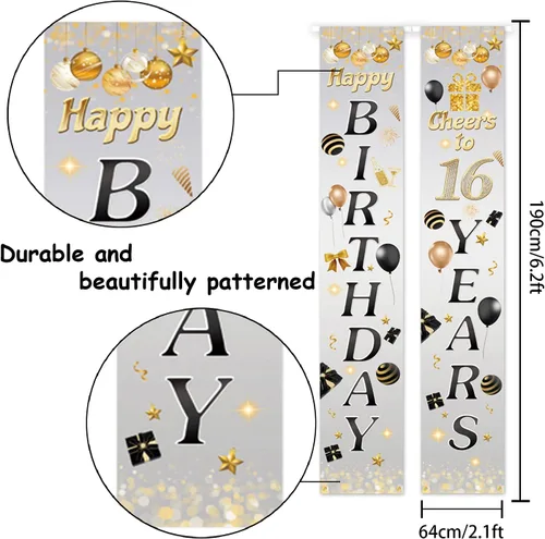 Miniatura 2 de 5665 Cartel de feliz cumpleaños 16 para porche, decoración de puerta gris con texto en inglés "Cheers to 16 años" para fiestas temáticas para niños