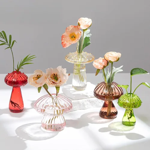 Hewory Jarrón de Cristal con Forma de Hongo para Flores, 5 piezas Jarrones Pequeños de Capullo de Flores de Colores Únicos, Jarrones Hidropónicos de