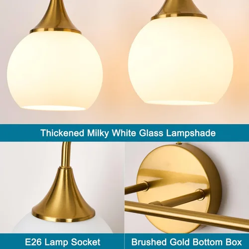 Miniatura 4 de Lámparas doradas de baño con 2 luces de tocador con pantalla de vidrio blanco leche, luces de tocador para baño, aplique de pared moderno para baño