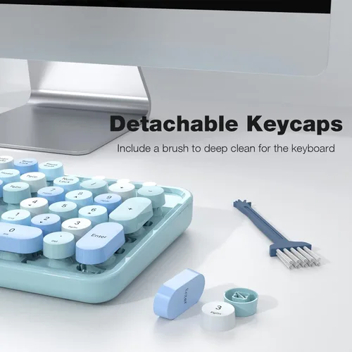 Miniatura 4 de KNOWSQT Combo de teclado y ratón inalámbrico, teclados lindos de tamaño completo estilo máquina de escribir 2.4G azul colorido - receptor USB Plug