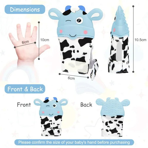 Miniatura 2 de Paquete de 2 guantes de dentición de silicona, juguete de dentición de vaca para bebés de 0 a 6 a 12 meses, guantes de dentición de silicona