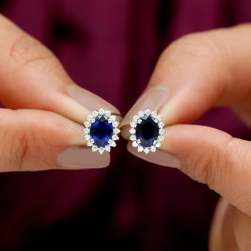 Miniatura 7 de Princess Diana Inspired Lab Created Blue Sapphire Earrings, Created Blue Sapphire Stud Earrings, Classic Created Blue Sapphire Earrings with