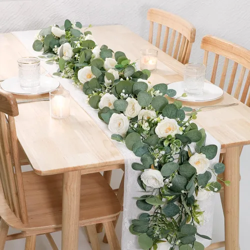 Miniatura 2 de TOCHGREEN Paquete de 4 Guirnaldas de Flores de Eucalipto Artificial con Rosas Blancas, Guirnalda de Flores de Rosa Falsa Vegetación Enredaderas