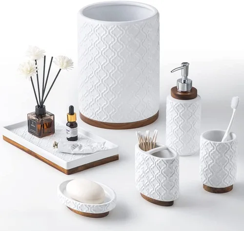 RQYIXI Juego de accesorios de baño, 6 piezas, soporte para cepillos de dientes, dispensador de jabón, juego de baño de cerámica y madera, con bote