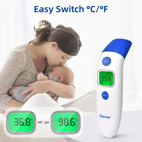 Miniatura 7 de Berrcom Termómetro digital sin contacto de 3 en 1 para frente y oído, con luz de fondo, sensor de temperatura corporal y de objetos para interiores
