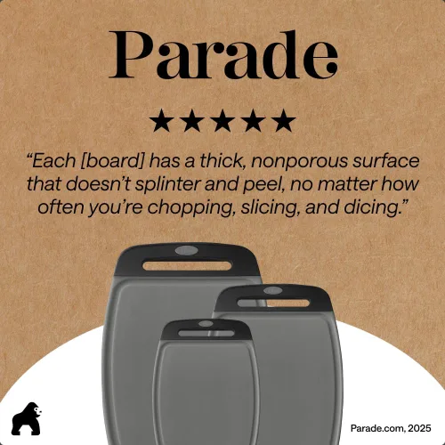 Miniatura 9 de GORILLA GRIP Juego de 3 tablas de cortar de cocina reversibles sin BPA, diseñadas en Estados Unidos, no porosas, ranuras para jugos atrapan Gris