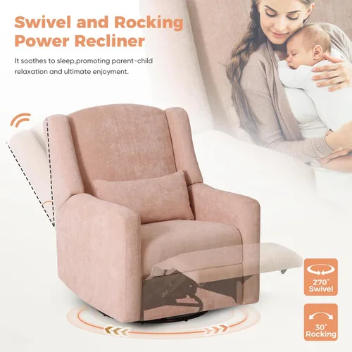 Miniatura 3 de Silla reclinable eléctrica giratoria, planeador grande para guardería con puerto de carga USB, mecedora tapizada de felpilla para dormitorio