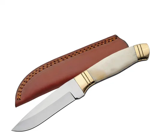 SZCO Cuchillo de caza Full Tang de 8.25 pulgadas, elegante cuchillo de campamento con mango de hueso, hoja de acero inoxidable y funda, cuchillo de