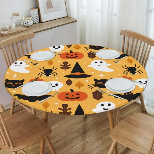 Miniatura 4 de Delerain Mantel ajustable redondo de calabaza fantasma de Halloween, mantel redondo impermeable con borde elástico, lavable, para interiores
