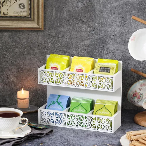 Miniatura 2 de Organizador de bolsas de té de madera de 2 niveles, soporte para bolsas de té montadas en la pared, organizador de bolsas de té, cofres de té