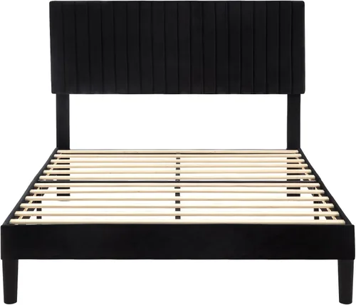 Miniatura 9 de Allewie Base de cama tamaño Queen, plataforma tapizada de terciopelo con cabecera capitonada de canal vertical, base de colchón con listones de Negro