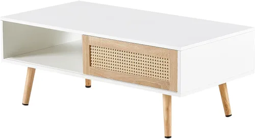 Miniatura 8 de AMNOOL Mesa auxiliar rectangular de ratán de 41.34 pulgadas, mesa central de madera para sofá, puerta corrediza, patas de madera maciza, se puede
