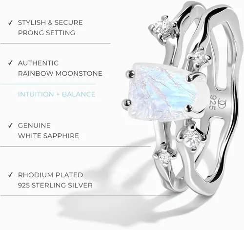 Miniatura 3 de Moon Magic - Authentic Moonstone Ring - FlowReal 925 Sterling Silver - 18k Rose Gold Raw Rainbow Moonstone Rings for WomenGenuine Moonstone Jewelry
