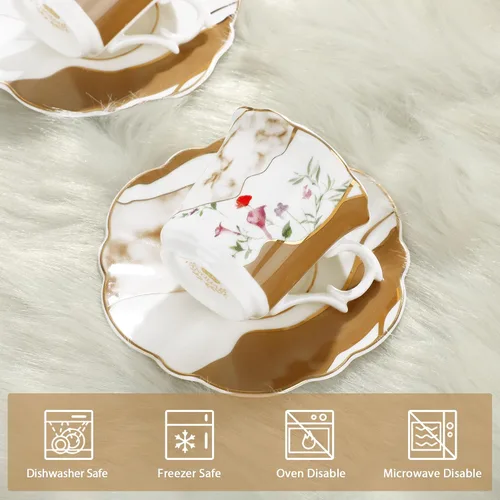 Miniatura 2 de fanquare Juego de 6 mini tazas de café de 2.7 onzas para expreso, tazas de té de porcelana floral con patrón de mármol, tazas y platillos
