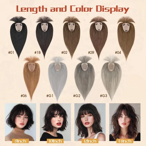 Miniatura 9 de Rich Choices Toppers de cabello humano para mujer, 100% real Remy con flequillo 3D de 360°, densidad del 150% mejorada, 3.5 x 4.7 in, base de encaje