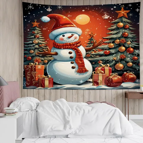 Miniatura 7 de HVEST Tapiz navideño de muñeco de nieve para colgar en la pared, divertido muñeco de nieve con sombrero rojo de Navidad y tapiz de regalo, tapiz