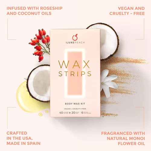 Miniatura 4 de Tiras de cera para depilación, 40 unidades, tiras de cera veganas para cuerpo y cara con aceites de coco y rosa mosqueta, tiras de cera de bikini