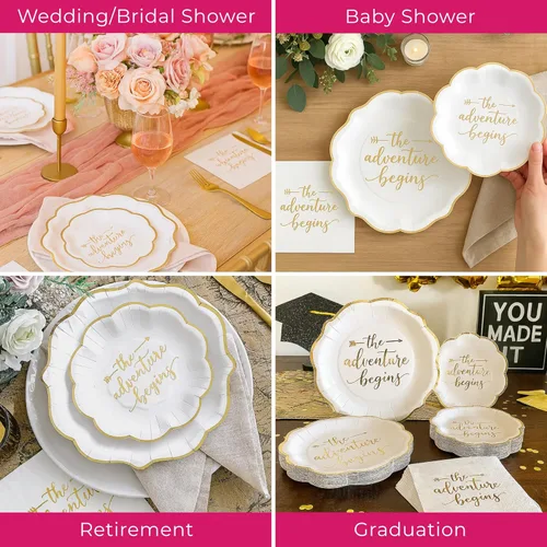 Miniatura 9 de Kate Aspen The Adventure Begins - Juego de platos y servilletas de papel para boda, 72 piezas, platos de boda, vajilla desechable para 24 invitados