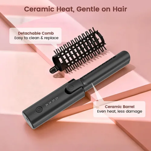 Miniatura 5 de Youbella Cepillo de rizador de pelo inalámbrico, rizador de pelo portátil de viaje, mini cepillo redondo calentado de 1.5 pulgadas, varita alisadora