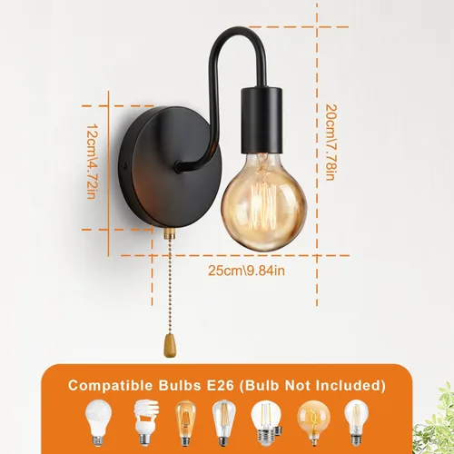 Aplique de Pared Negro con Cadena de Tirar con Interruptor Luces de Pared Vintage E26 Lámpara de Pared Industrial Iluminación de Pared Retro