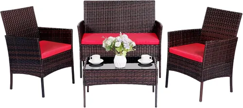 Miniatura 11 de Juego de muebles de patio de 4 piezas, muebles de ratán para exteriores con mesa de centro de vidrio templado, sillas modernas de ratán para patio