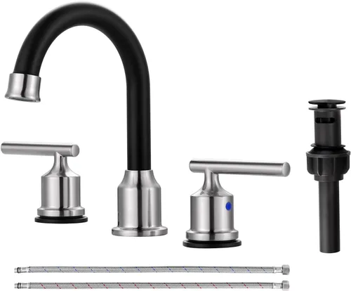 Miniatura 8 de WOWOW Grifo de baño de 2 manijas de bronce aceitado grifo de lavabo de baño de 3 agujeros con drenaje emergente y mangueras de suministro grifo
