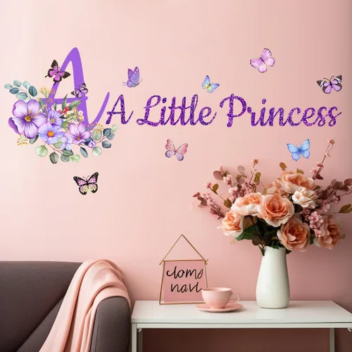 Amaonm - Adhesivo decorativo de pared con texto en inglés "A little Princess" (Una pequeña princesa), diseño de flores coloridas, 3D, despegar y